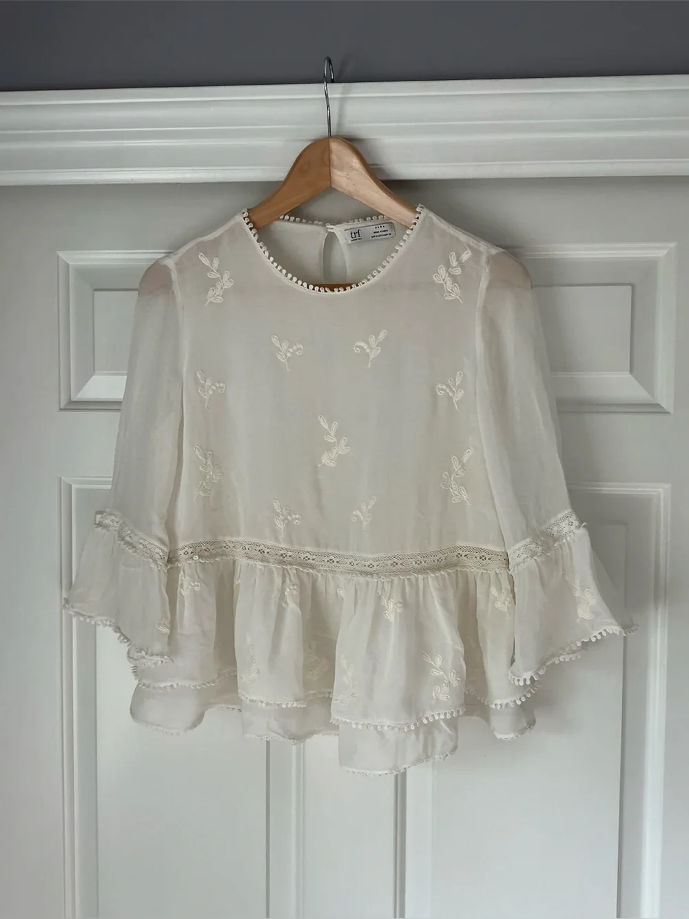 Zara White Ruffled Embroidered Peplum Top - Women S